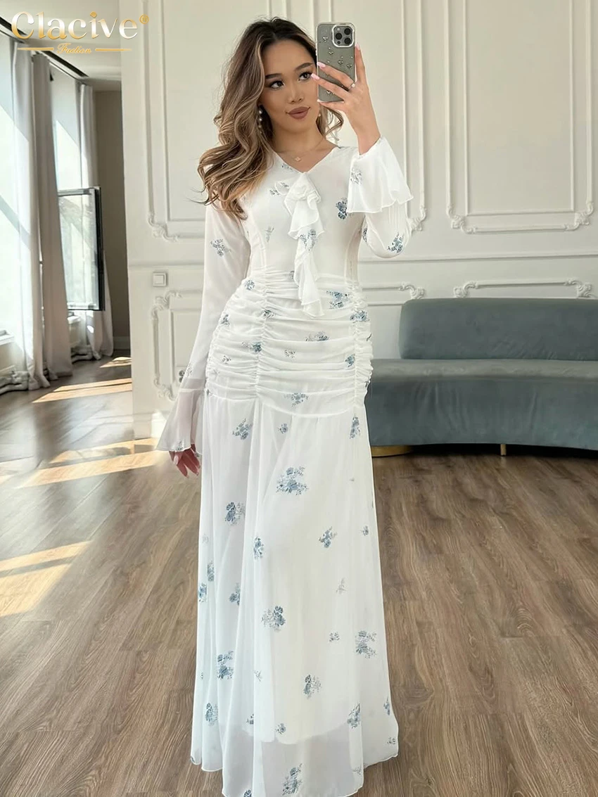 

Clacive Fashion Slim Print Women's Dress 2026 Autumn V-Neck Long Sleeve Maxi Dresses Lady Elegant Classic Ruched Female Dress