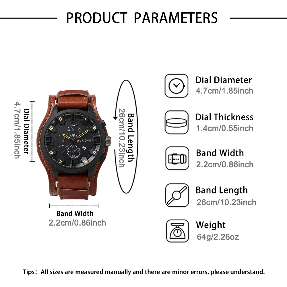 1pc fashionable and atmospheric men's watch PU leather strap quartz watch circular dial timer