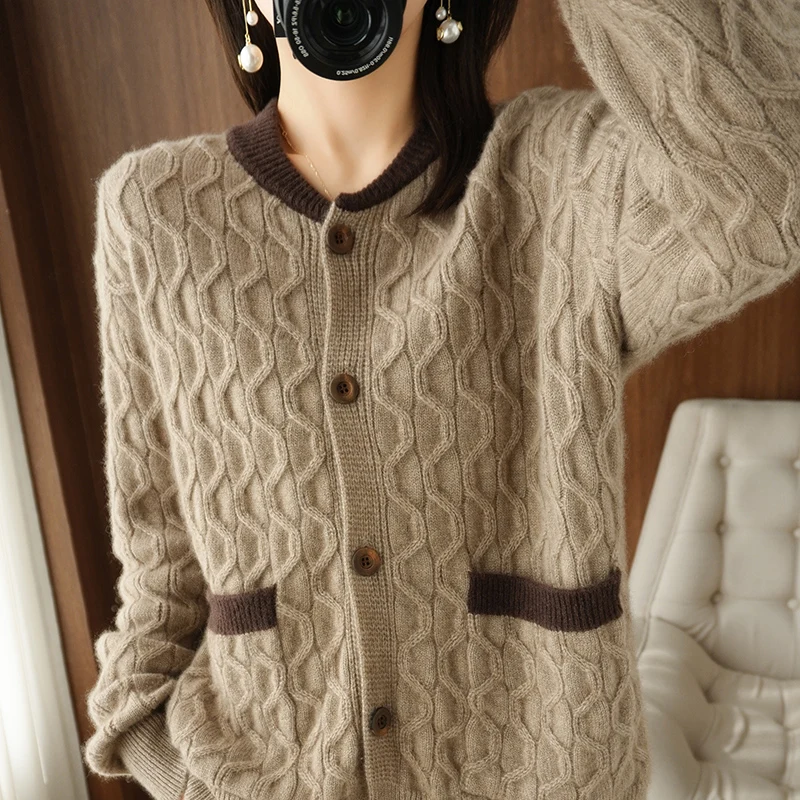 

100% Pure Wool Sweater Autumn/Winter 2022 Women's O-Neck Collar Cardigan Casual Knitted Tops Korean Oversized Female Jacket