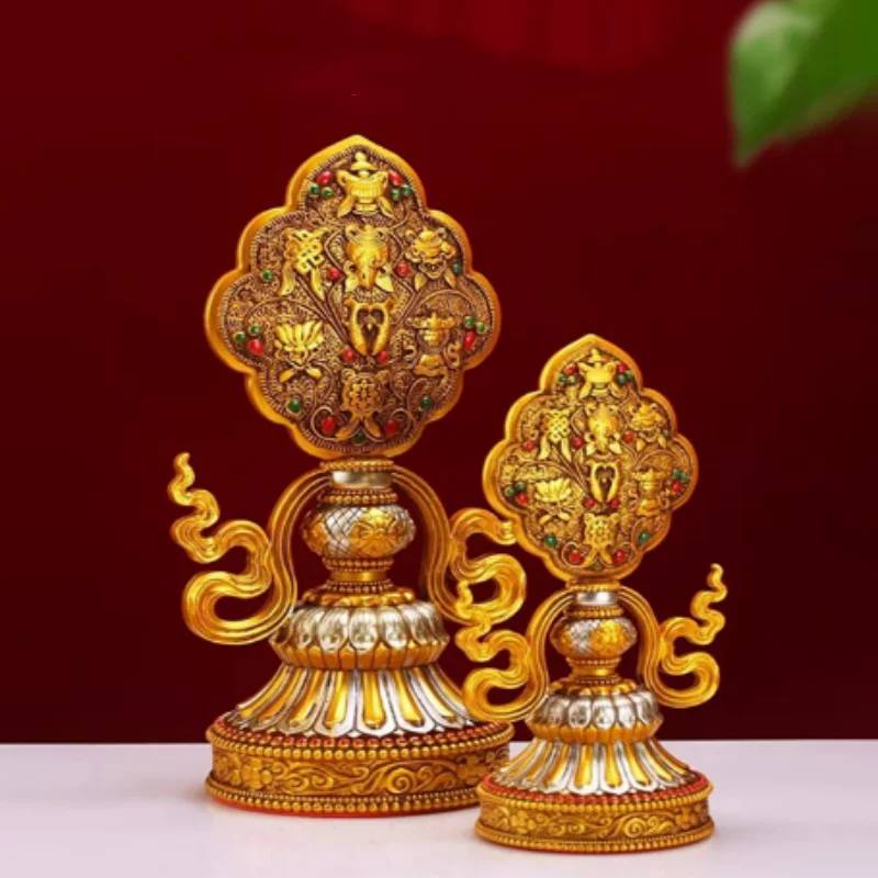 Tibetan Style Painted Resin Eight Auspicious Symbols - Double-sided Relief Ornament, Home Altar Tabletop Decor