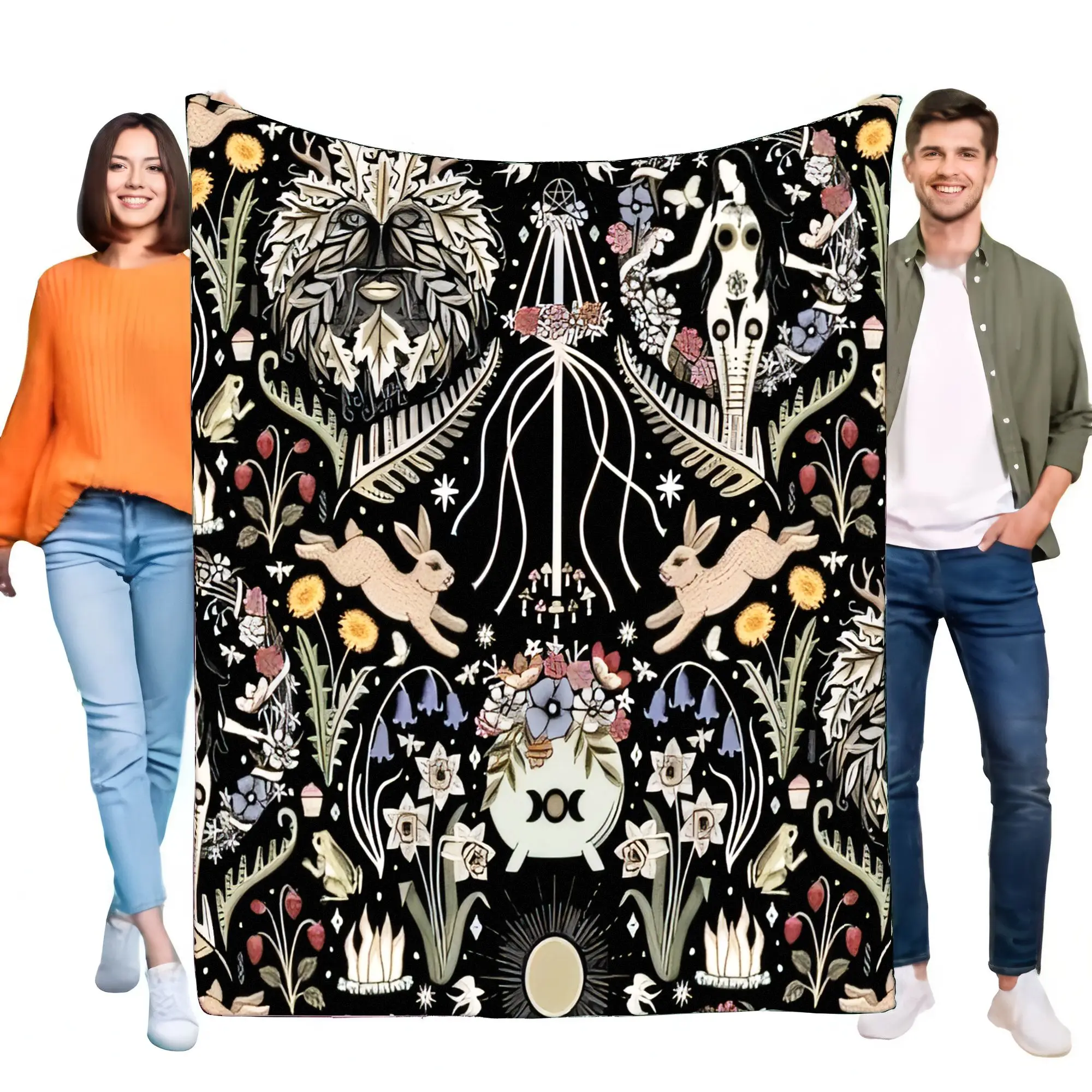 Wiccan Pagan Green Man Goddess Blanket, Triple Moon Hare Floral Maypole Mystic Fleece Throw, Ultra Soft Cozy Bed Sofa Decor Gift