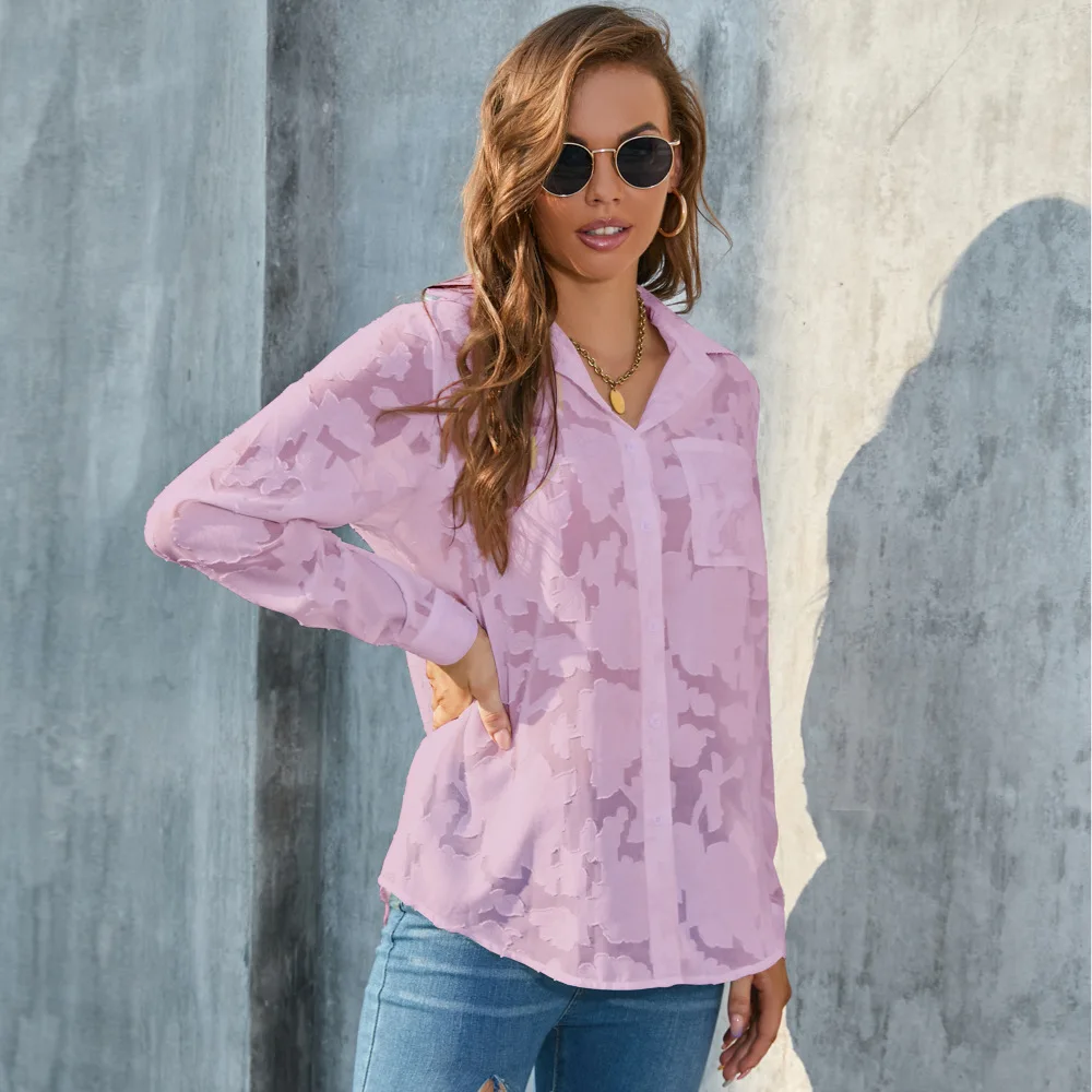 

Elegant Solid Color Women's Shirt 2025 Spring Autumn Casual Print Turn Down Collar Long Sleeve Top Women Shirt Commuting Blouse