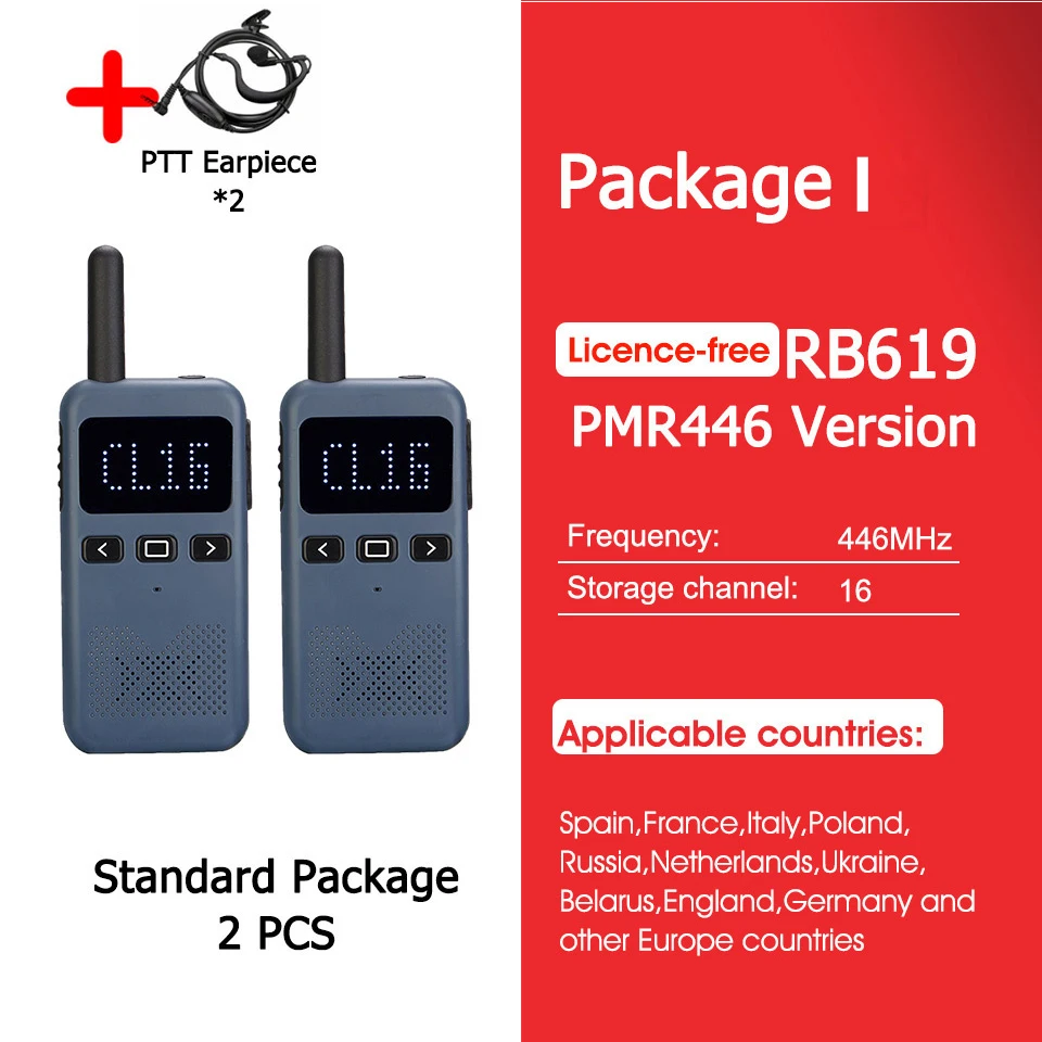 Retevis RB619 Mini walkie-talkie PMR446/FRS, 1650 mAh, draagbaar, met groot bereik, tweewegradio met Type-C-aansluiting, programmeerbaar voor restaurants en hotels