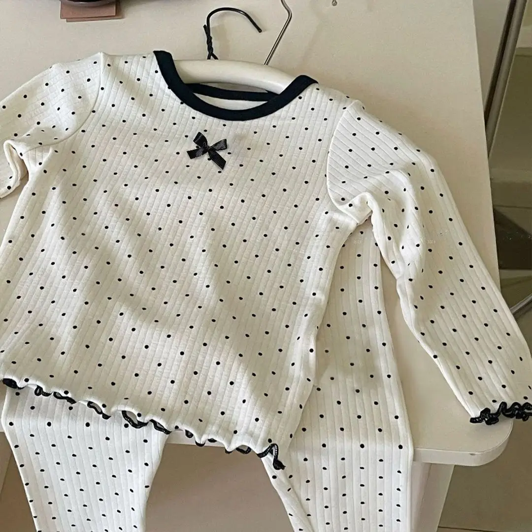 Girls' Spring and Autumn New Cotton Soft Korean Wave Point Bow Children's Home Clothing Set Base Set
