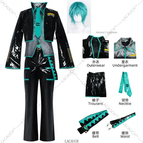 Mikuo Maschio Miku Costume Cosplay Parrucche uniformi Vestiti anime Giacca in pelle PU nera Camicia Fantasia Halloween Party Outfit Donna Uomo