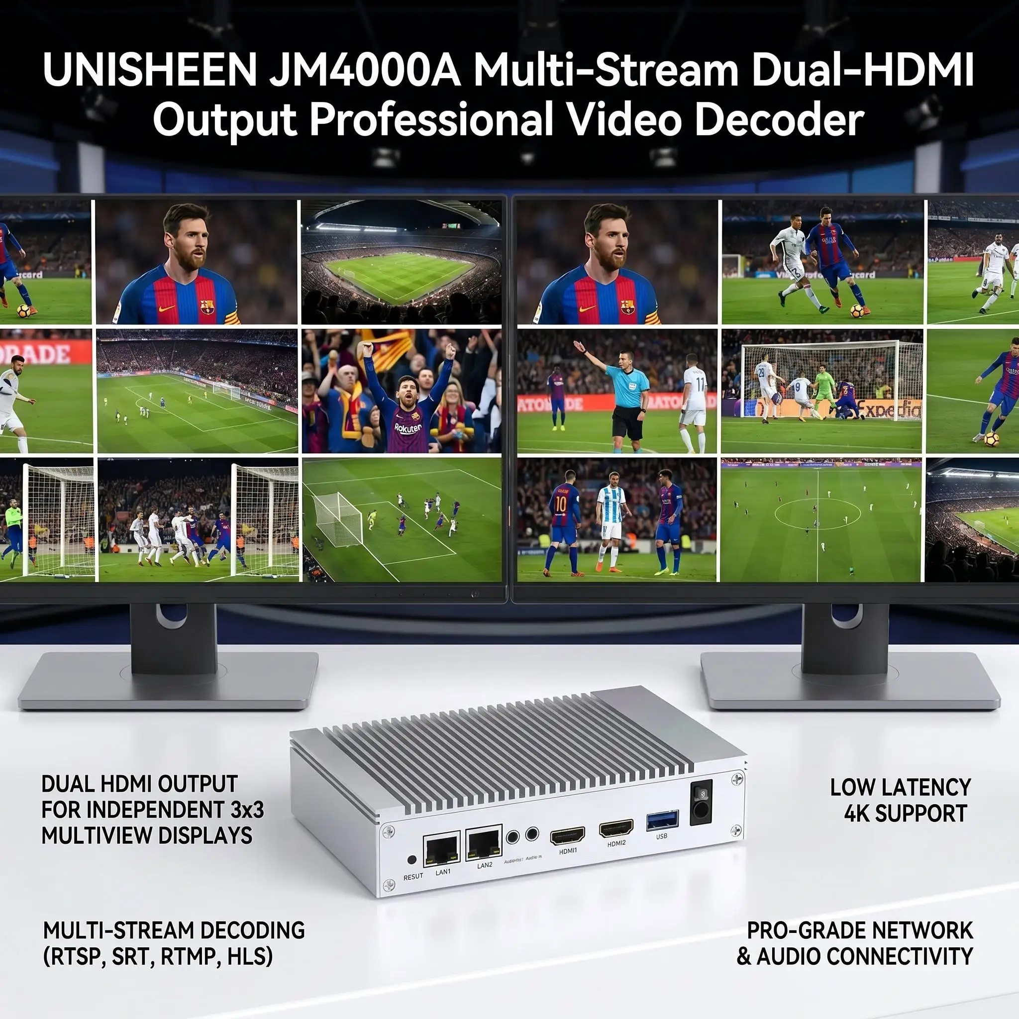 UNISHEEN JM4000A 18-Channel 1080p 4K UHD H.265 H.264 RTSP RTMP SRT UDP IP to HDMI Video Decoder