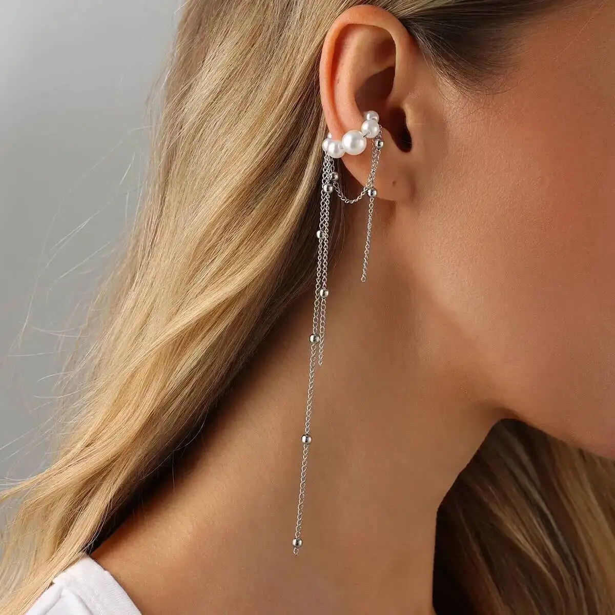 SHIXIN 1 PC Elegant Long Imitation Pearl Tassel Ear Cuff Clip Hole C Shape Ear Women Cartilage Kpop Chain Clip Earrings Jewelry