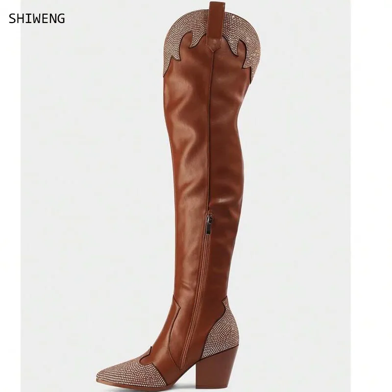 

2025 Boot Part Full Crystal Diamond Wedge Knee Boot Women Party Pointed Matte Black Leather Over The Knee Boots 44