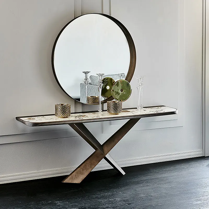 *Italian-style Luxurious Minimalist Entrance Table X-shaped Base with Stone Slab Tabletop Placed Against the Wall