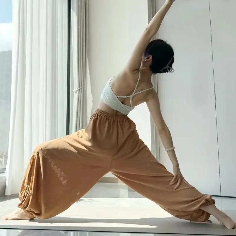 New Chinese Style Relaxing Yoga Pants Women's Mid-high Waist Loose Breathable Tying Foot Straps Bloomers Trousers Wide-leg Pants