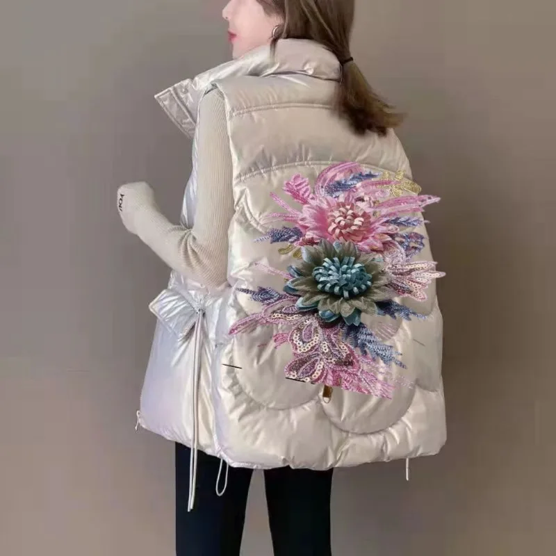 

Down Cotton Vest Flower Female Foreign Rad Autumn and Winter Glossy New Short Stand-up Collar Vest Temperament Commuting Jacket