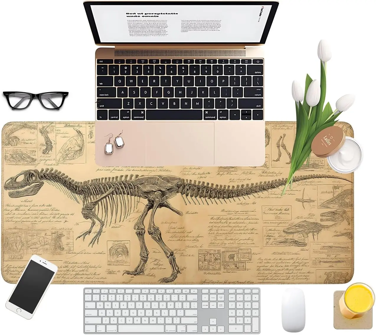 Antique Dino Skeleton Large Gaming Desk Pad,Retro Parchment Fossil Sketch Art Motif, Non‑Slip Mouse Mat For Laptop PC Home Table