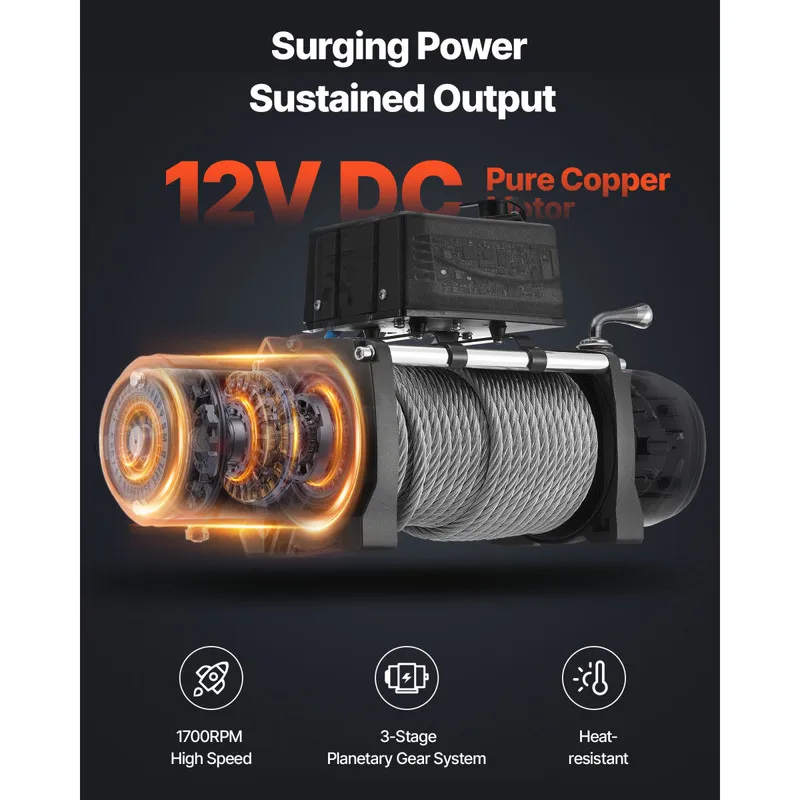 Electric Winch, 12000 lbs Load Capacity, 12V DC Truck Winch with，Suitable for Towing SUV Jeep Trailer Boat Off-Road Vehicle