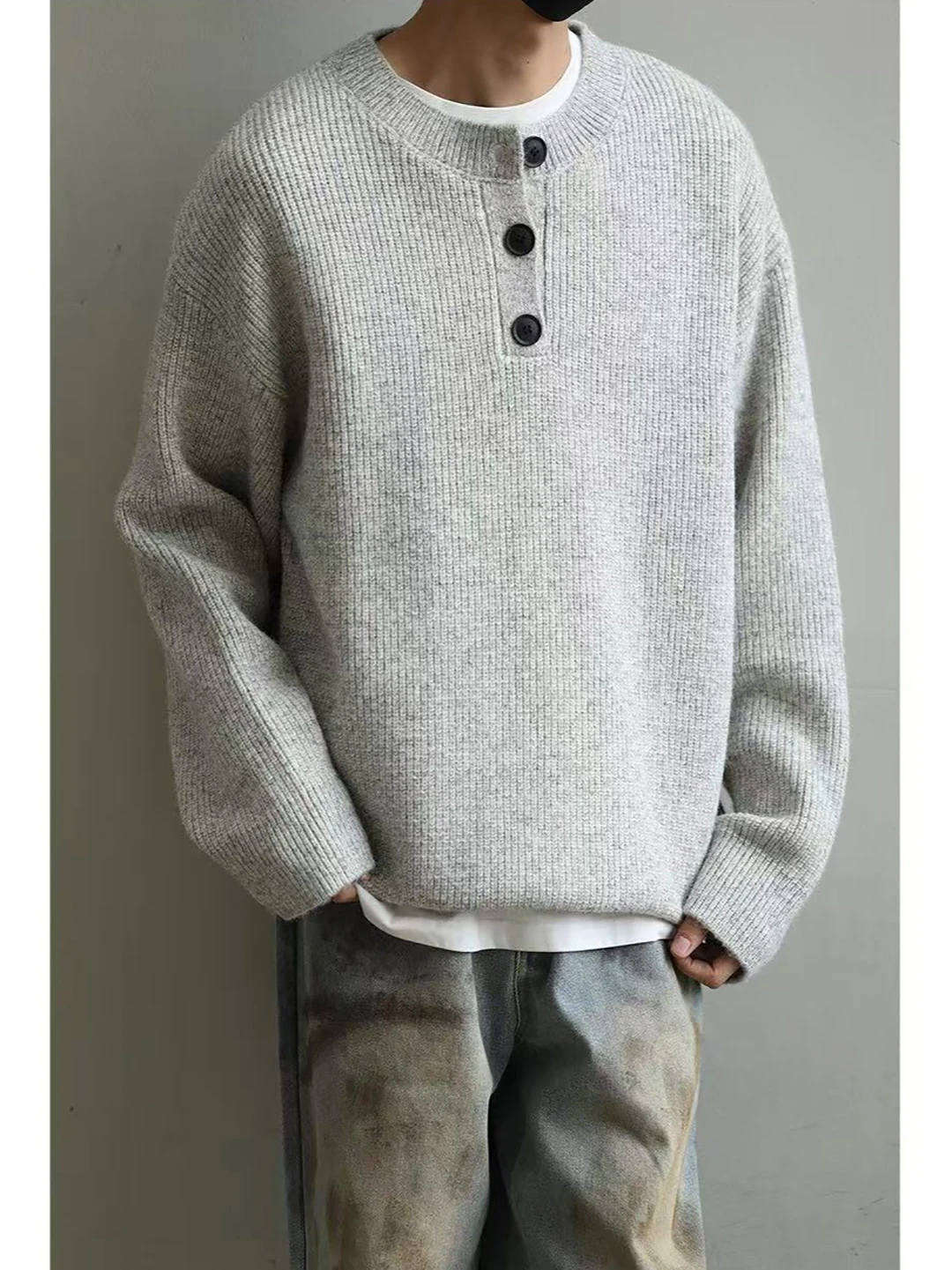 

ay Button-Up Henry Collar Sweater Men's Autumn Winter Lazy Retro Heavyweight Simple High-End Feeling Casual Base irt