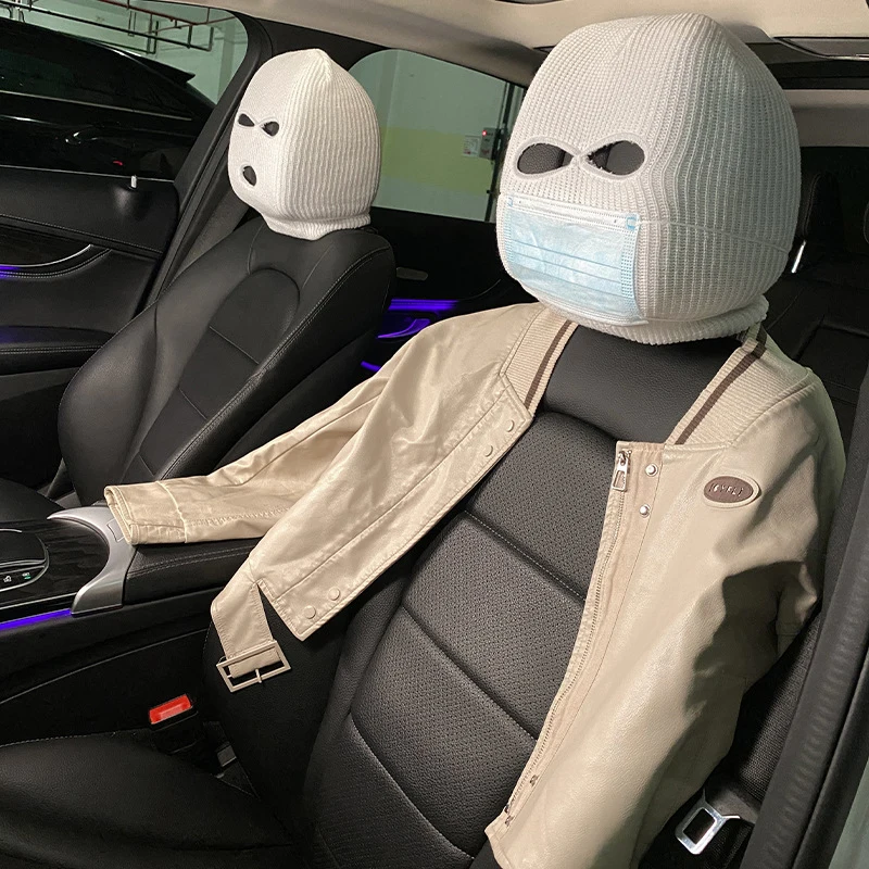 1PC Funny Spoof Car Seat Headgear Headrest Cover 3 Hole Knitted Face Mask Seat Cover Car Creative Seat Decorations Accessories