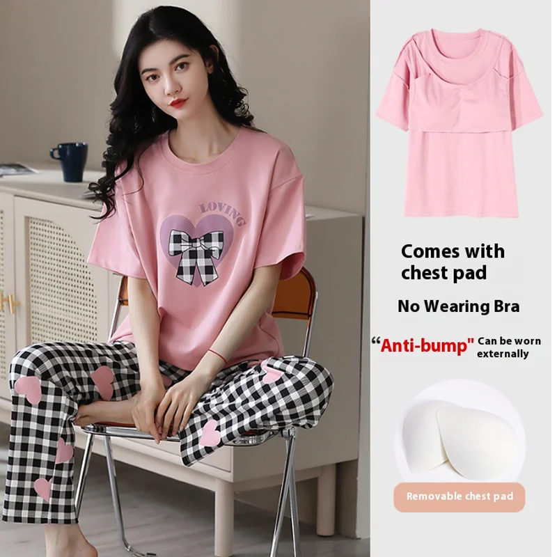 Pajamas with Cushion Female Summer Teenage Girls Cute Sweet Short-Sleeved Long Pants Two-Piece Suit Can Be Worn Outside Home Wea