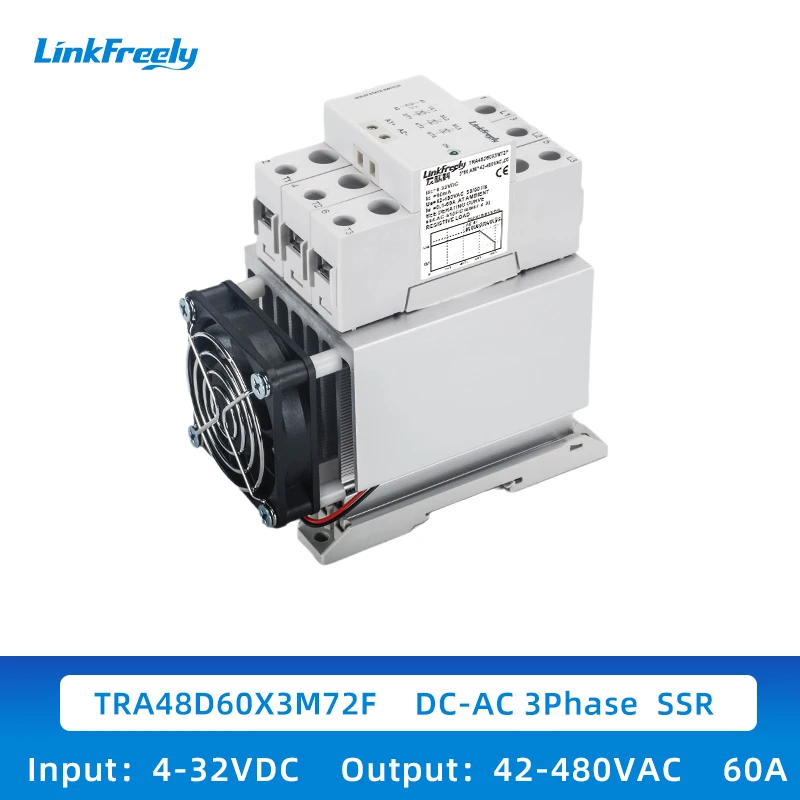 TRA48D60 3M72F Ultra-Thin DC Control AC Three-Phase Solid State Relay Module with Heat Sink DIN Rail Mounting 60A 380VAC