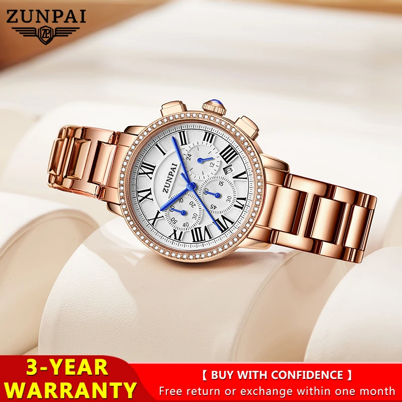 ZUNPAI Original Waterproof Women Watch Stainless Steel Strap Quartz Watch for Women Luminous Casual Fashion Ladies Wristwatch