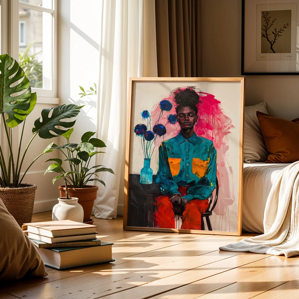 2D Flat Canvas Poster Abstract African American Woman Portrait Wall Art For Living Room Office Decor Housewarming Birthday Gift