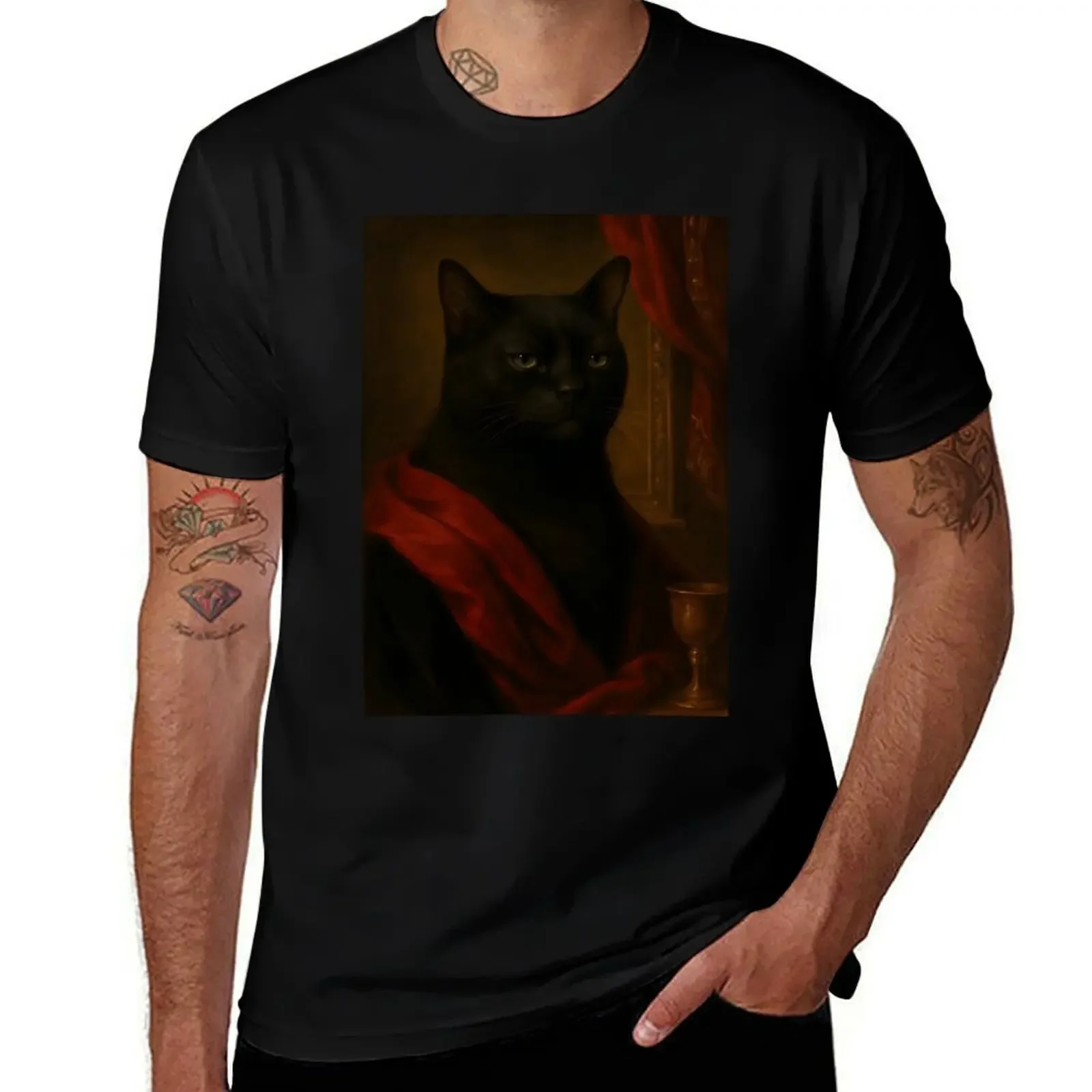 

Renaissance Black Cat Meme Portrait T-Shirt custom shirt vintage clothes vintage outfits for men