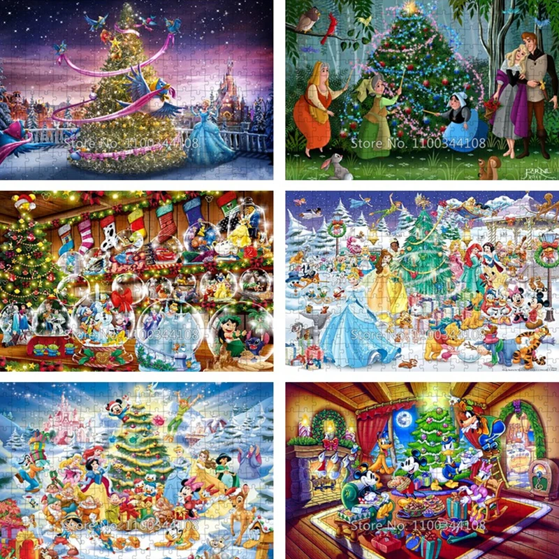 

Merry Christmas Jigsaw Puzzle Disney Prince and Princess Mickey Mouse 300/500/1000 Pieces Puzzle for Family Game Christmas Gifts