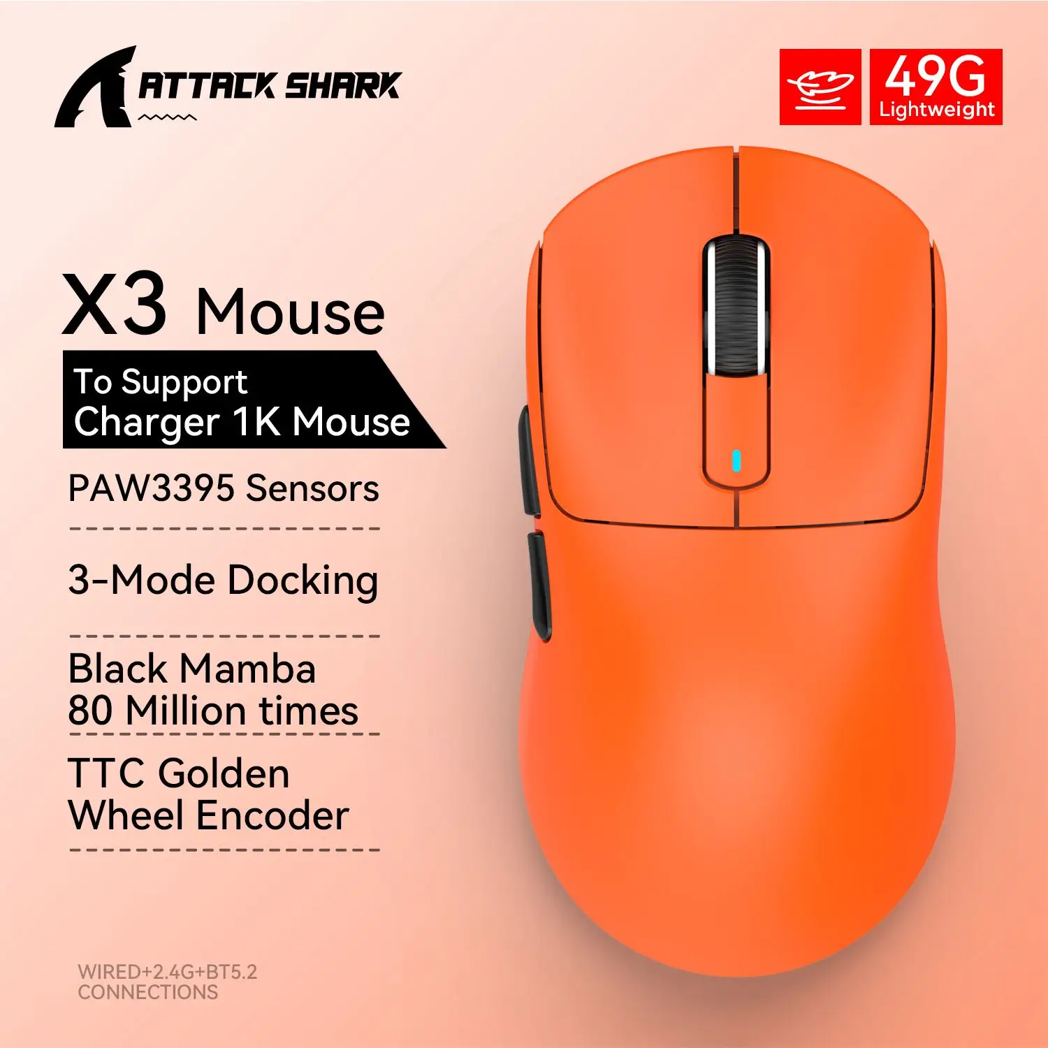 Aanval Haai X3 Bluetooth Mouse 49G Lichtgewicht Pixart Paw3395 26000Dpi 650ips Tri-Mode Verbinding Macro Gaming Muis