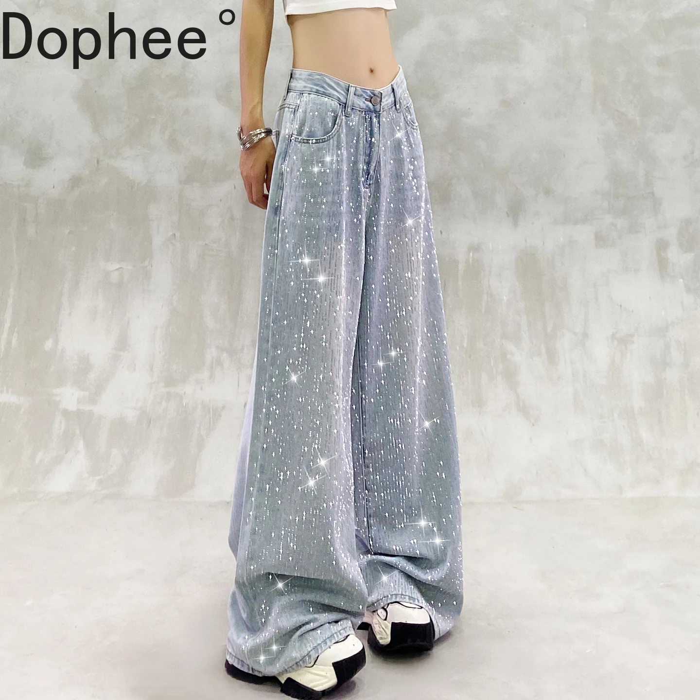 

Blingbling Shiny Hot Drilling Casual Denim Trousers All-match Spring Summer Loose Wide Leg Jeans Diamonds Female Straight Pants