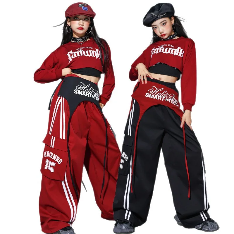 Ensemble de vêtements pour filles Hip Hop, sweat-shirt court à nœud rouge, pantalon cargo, costume d