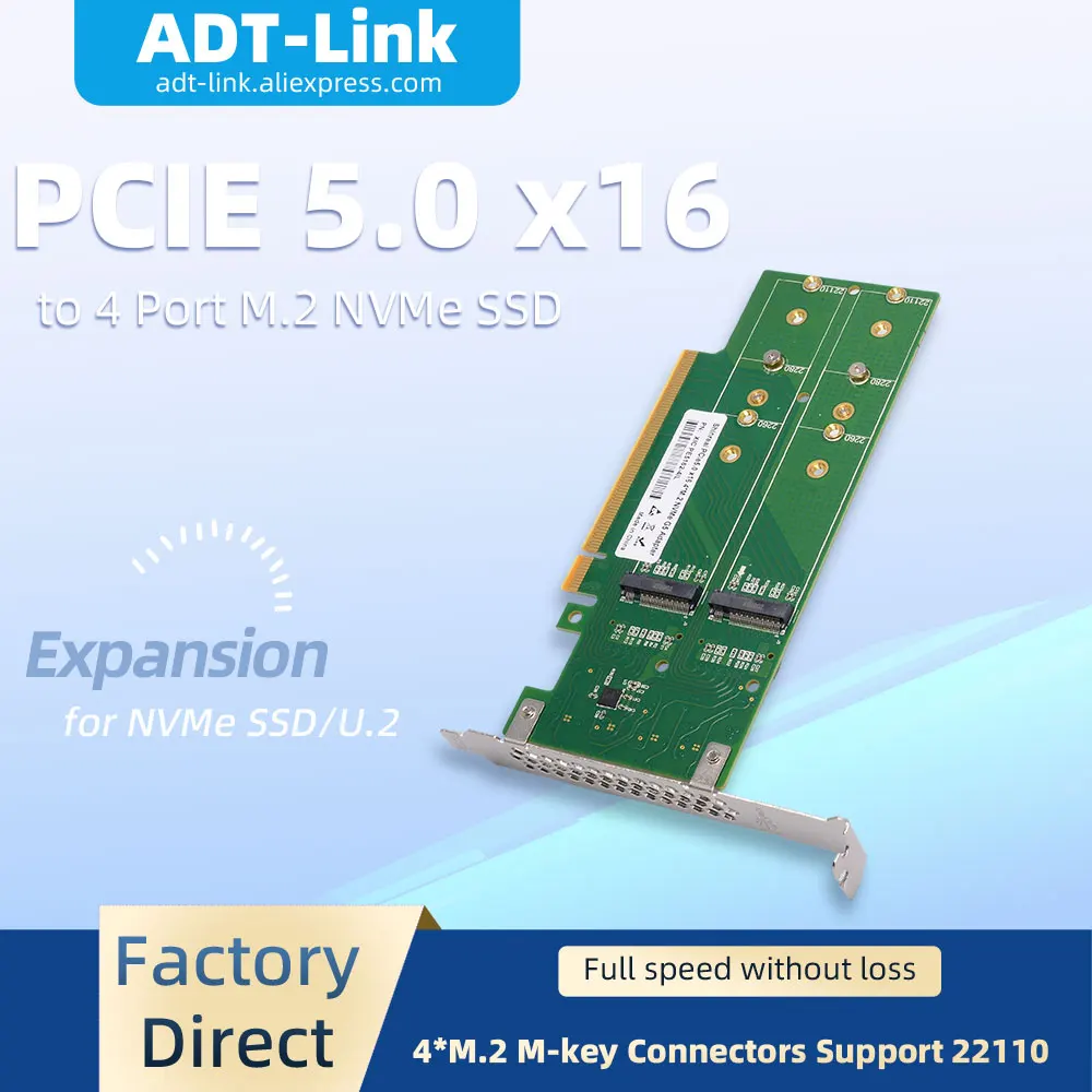 PCIe 5.0 X16 to 4 Port M.2 NVMe SSD Expansion Card Support 22110 Full Speed 4*M.2 M-key Connectors Adapter for Desktop
