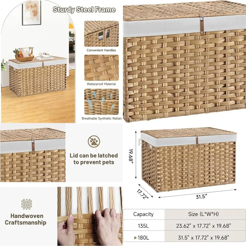 

Large Natural Rattan Storage Basket with Lid and Removable Liner, 47.6 Gallon for Home Organization