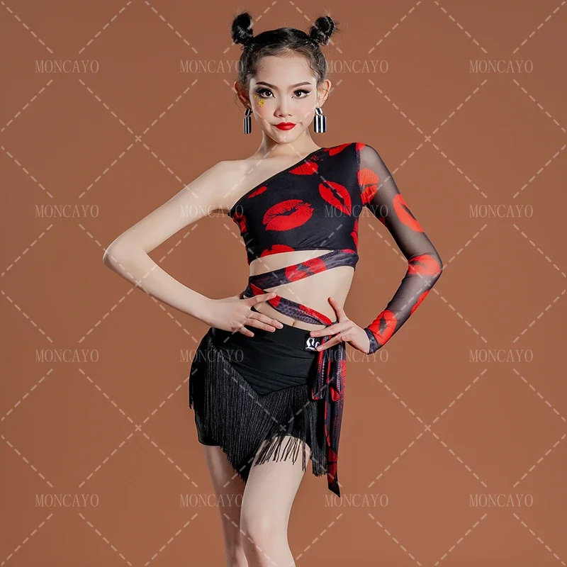 

Fringe Latin Dance Dress Girls Outfit Single Sleeve Tops Tassel Skirt Cha Cha Dancing Clothes Child Samba Tango Practice Dress