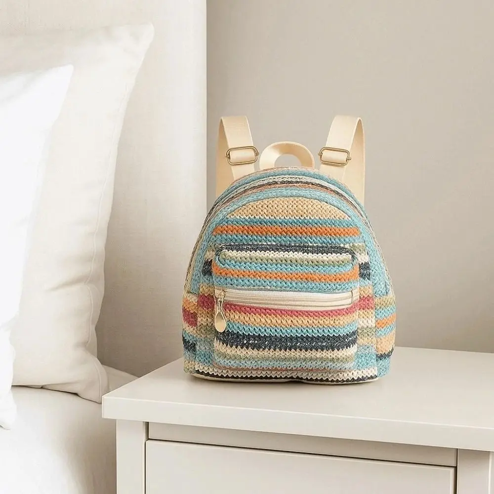 Portable Woven Small Backpack Lightweight Large Capacity Straw Weaving Backpack Ethnic Style Polyester Mini School Bag Shopping