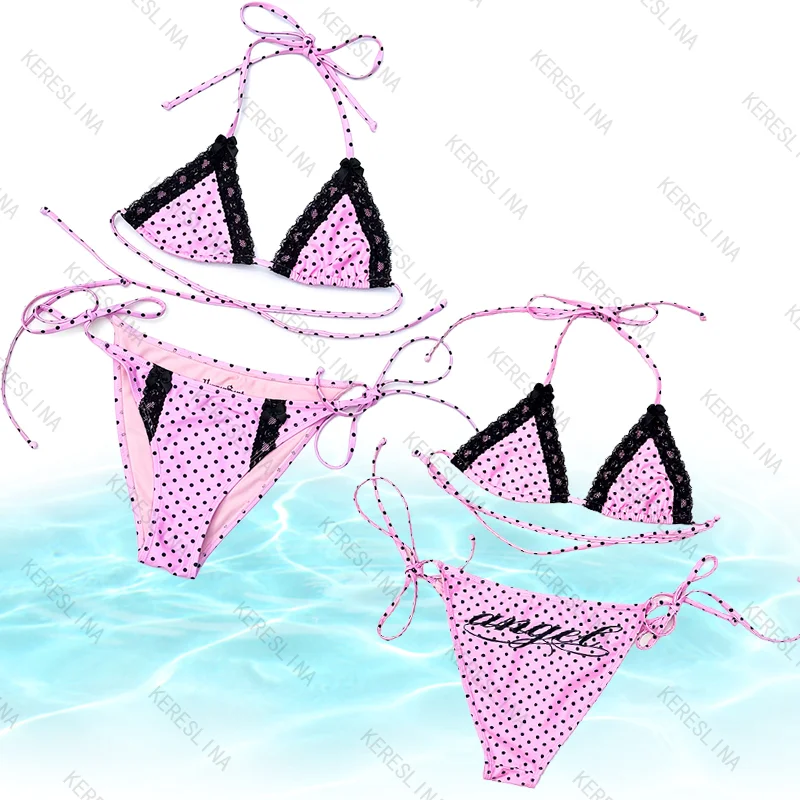 

Y2k New Subculture Trendy Pop Vintage Sexy Spicy Girls Style Lace Bikini Sets Summer Beach Style Hanging Neck Strap Bikini Sets