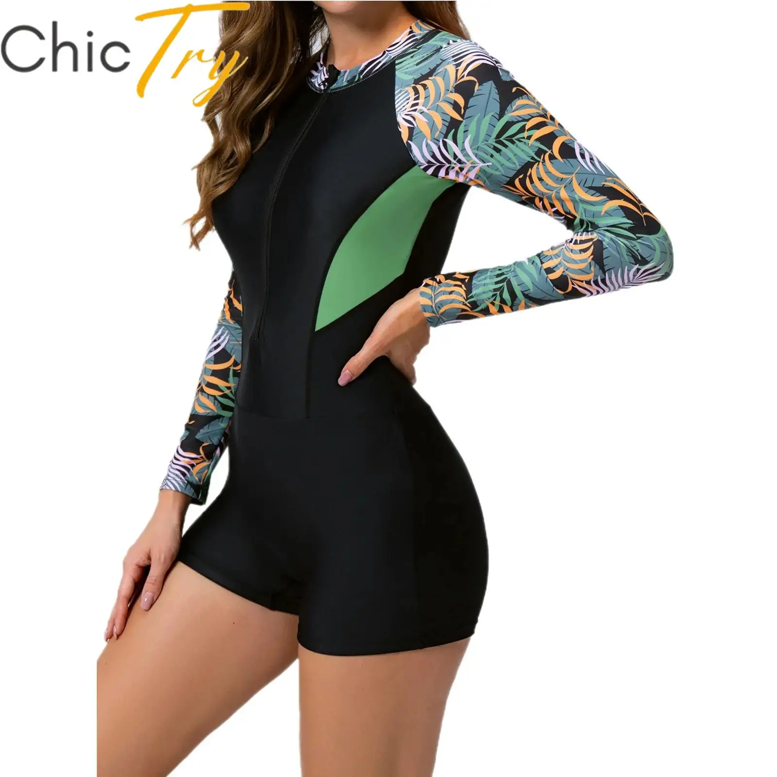 

Womens Swim Leotard Leaf Printed Jumpsuit One Piece Swimsuit Long Sleeve Rashguard Swimwear Sun Protection Surfing Beach Wetsuit