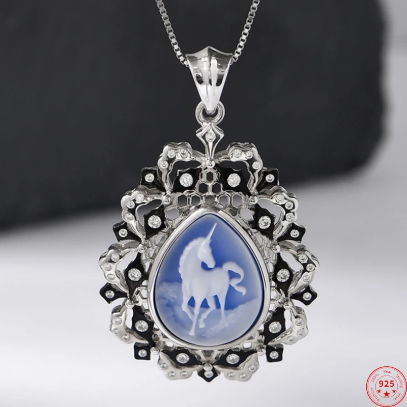 S925 Sterling Silver Pendants for Women Men New Fashion Water-drop Blue Agate Unicorn Owl Emboss Hollow Jewelry Free Shipping