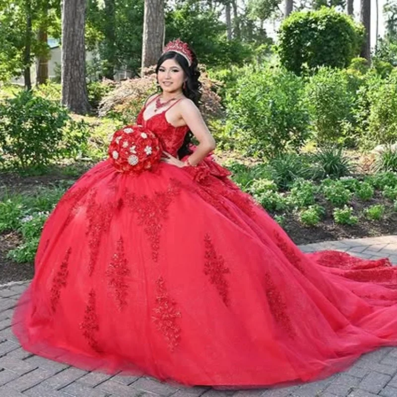 

Customized Red Quinceanera Dresses Off the Shoulder sequin applique flower Long tail Bow Vestido 15 Quinceanera