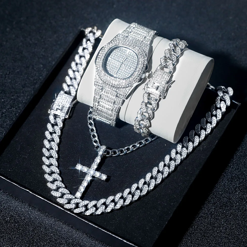 5pcs Stylish Silver Hip-hop Watch Set Men Women Iced Out Watch+Cross Pendant Necklace+Cuban Chain&Bracelet Trend Jewelry Gift