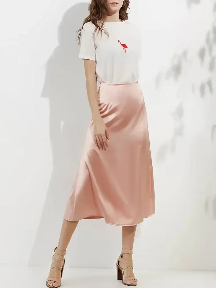

Fashion 2025 Elegant Women's Skirts Korean Fashion Satin Silk A-line Skirt Woman Office Black Champagne Long Summer Skirts