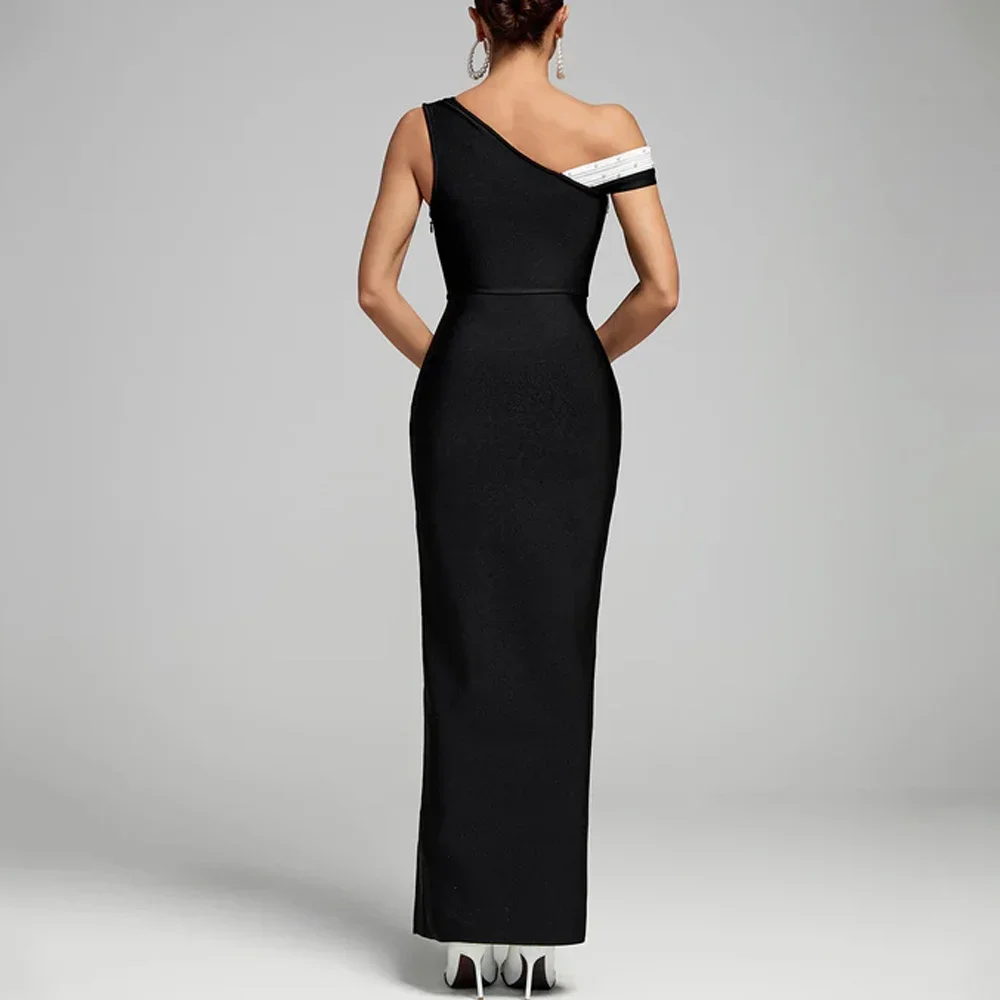 Abito lungo personalizzato con una spalla nero bianco perla Abiti da sera a trapezio Abiti da ballo formali squisiti di alta qualità da donna