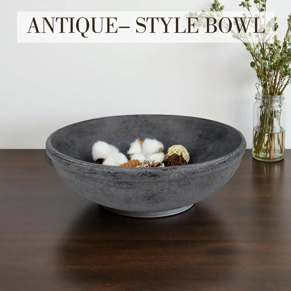 grande ciotola decorativa in resina con accenti ad anello laterale – aspetto terracotta nero laccato bianco, ciotola rustica per la cucina