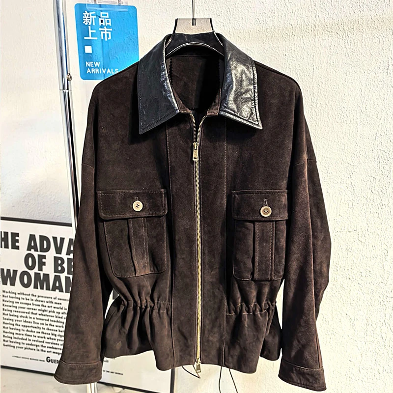 سترة شتوية من جلد الغزال الأصلي للسيدات موضة التلبيب جيب الرباط معطف جلد الغنم فضفاض النحيف Naturalna Sk oorzana Kurtka Damska #4