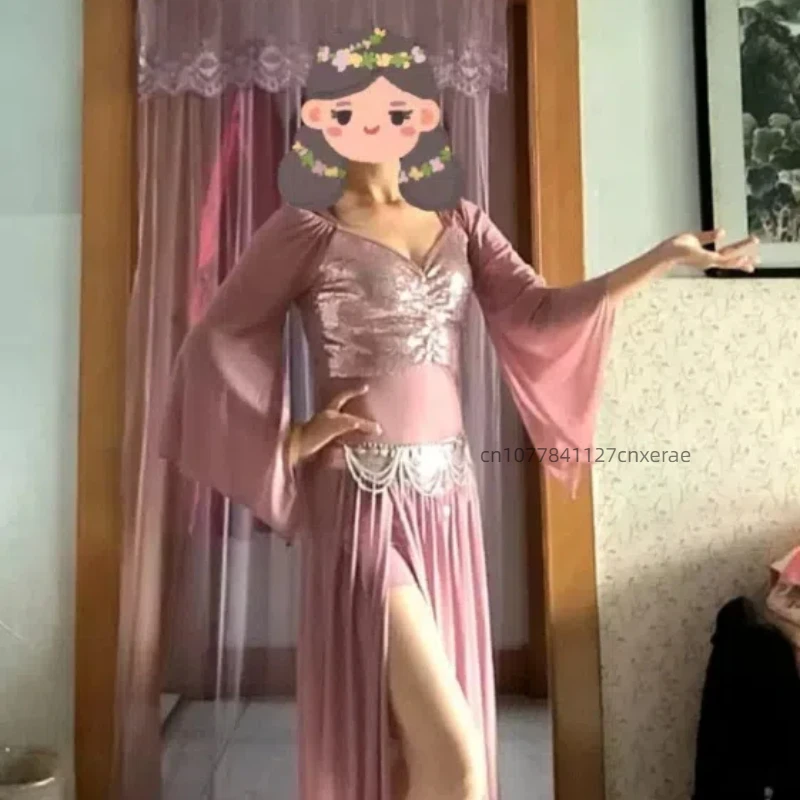 Новый костюм для танца живота, осенне-зимний сетевой костюм для восточных танцев, комплект платьев для занятий животом для женщин