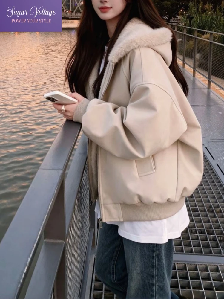 Lamb Wool Thick Hooded Cotton Coat Women Winter New Plush Jacket Loose Fit Warm Outerwear in Light Khaki Casual Cozy Style