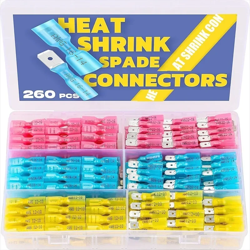 260PCS Heat Shrink Spade Connectors Set Female and Male Spade Terminlas Automotive Crimp Connectors Electrical Wire Connectors