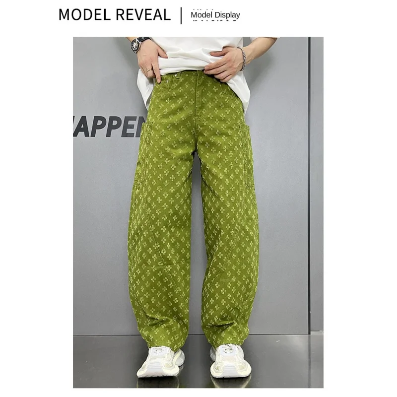 Street American vintage jacquard straight jeans men's wide-leg jeans Y2K fashion streetwear loose pants green pantalones hombre