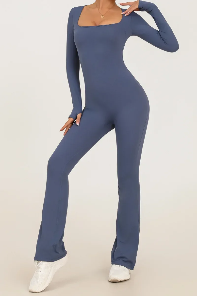 

One-piece Sport Yoga Jumpsuit Women Long Sleeve Square Collar Slim Tight Fitting Flare Bodysuit Gym Fitness Workout Clothes