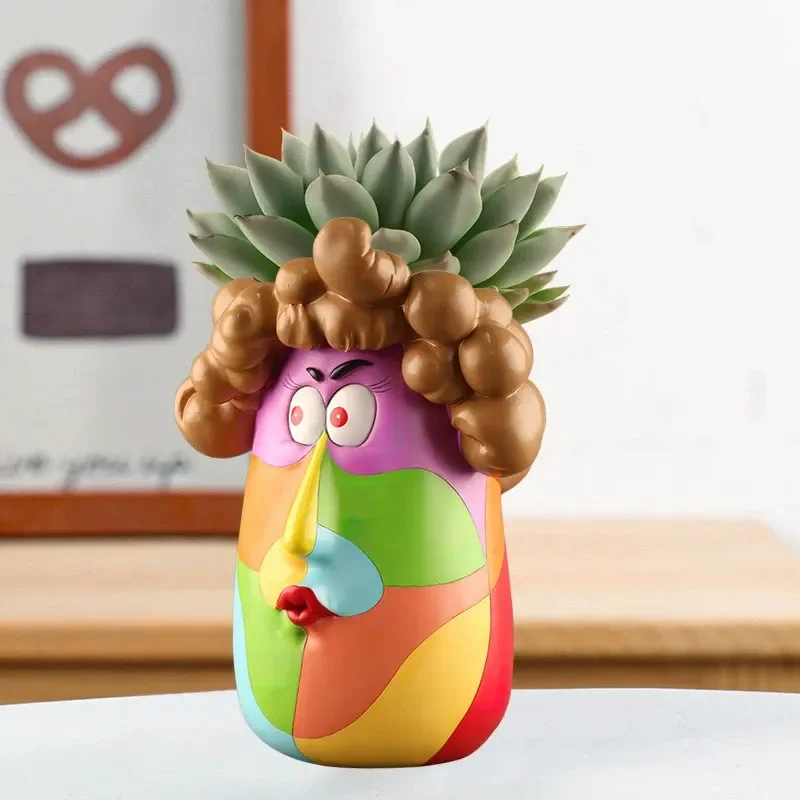 For Nordic Colorful Cartoon Curly Hair Girl Resin Succulent Flower Pot Home Desktop Garden Art Ornament Decoration