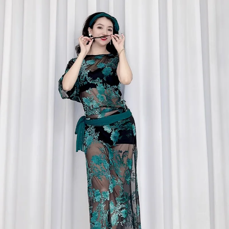 Customized Belly Dance Costumes Blue Green Burnt Flower Network Robe Balaldi Folk Style Robe Cane Dance Performance Clothing