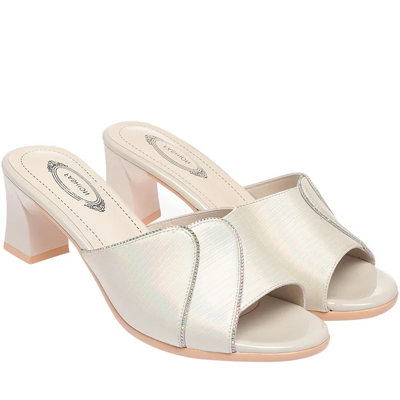 Shoes For Women Slippers 2024 Summer Woman Pumps Casual High Heels Solid Color Ladies Slipper Round Toe Slides Outside Slippers