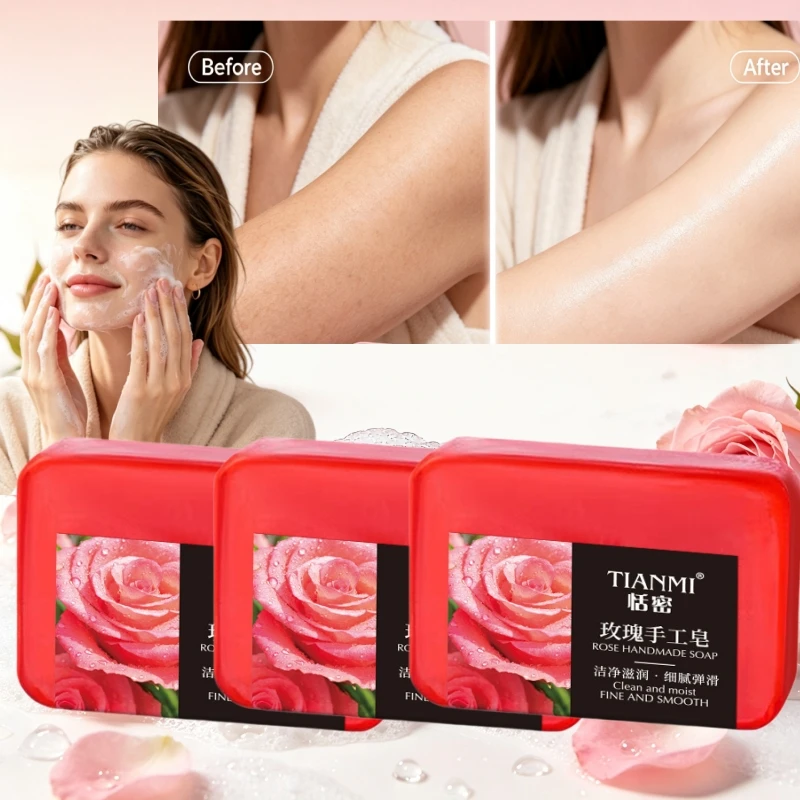 1/3 Bar of Rose Soap, Long-Lasting Fragrance, Specially Designed for Women's Skin, with a Gentle Body Scent, Enhanced with Natural Rose Essence, Gentle Deep Cleansing, Hydrating and Nourishing, Improves Roughness, Leaves Skin Smooth and Supple, Handmade Soap Texture, Durable and Portable